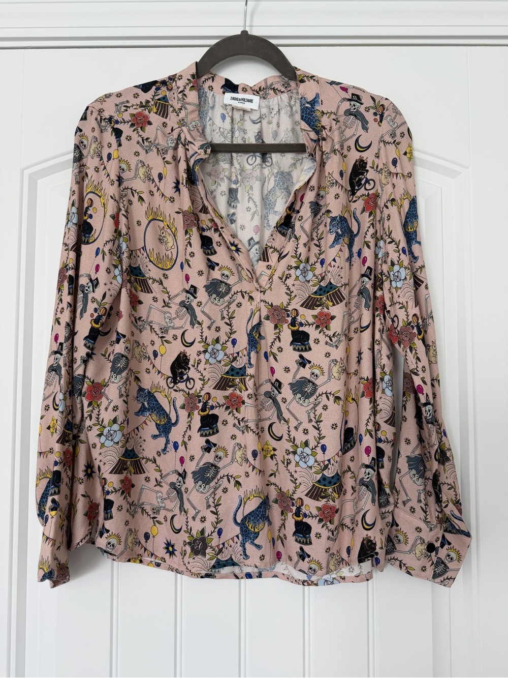 NWOT. Zadig & Voltaire Blush Pink Printed V-Neck Long-Sleeve Blouse